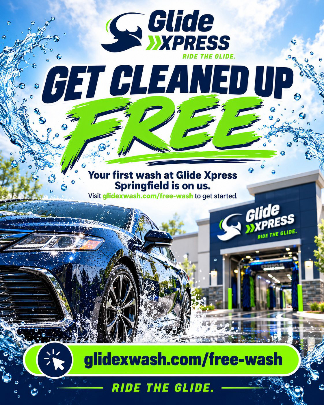 Glide Xpress Car Wash free first car wash in Cordova, TN, a clean vehicle moving through the premium automated wash at 723 N Germantown Pkwy